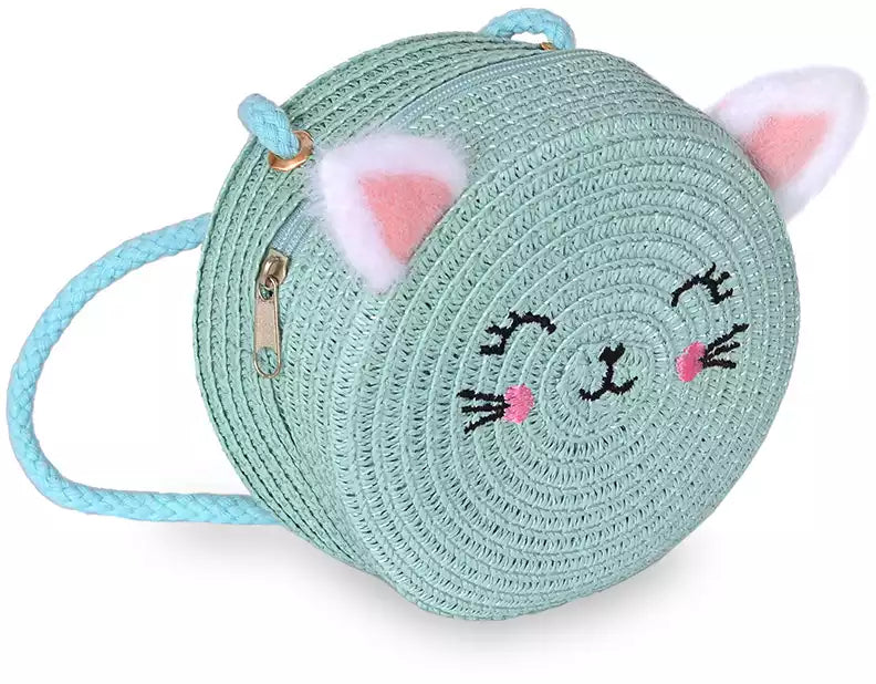 Kaiso Cute Cartoon Cat Ear Straw Beach Sun Bag Round Crossbody Sling Purse