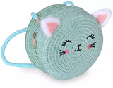 Kaiso Cute Cartoon Cat Ear Straw Beach Sun Bag Round Crossbody Sling Purse
