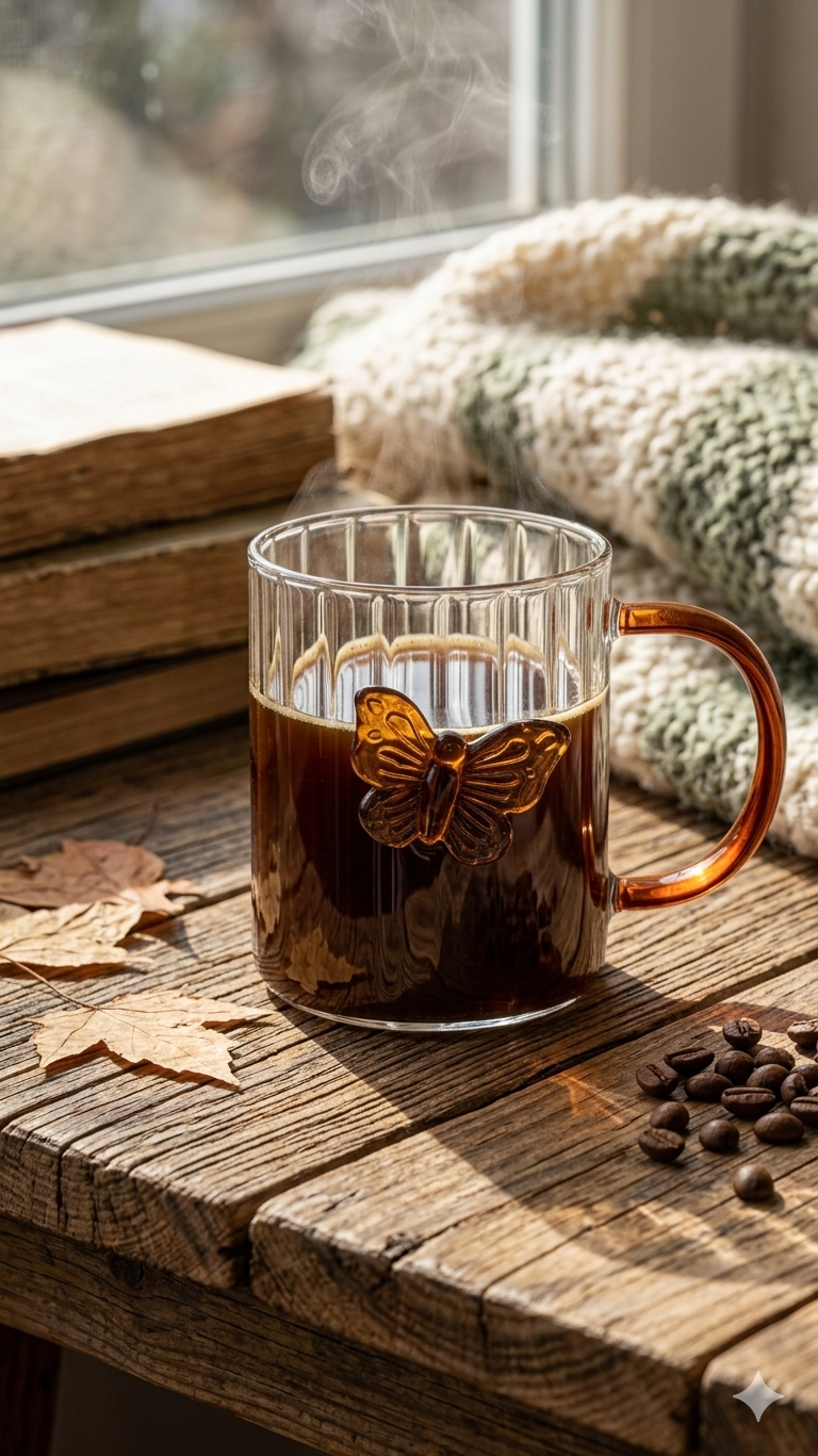 Kaiso Enchanted Butterfly Bloom Ribbed Glass Cup – Elegant Clear Mug for Tea and Coffee