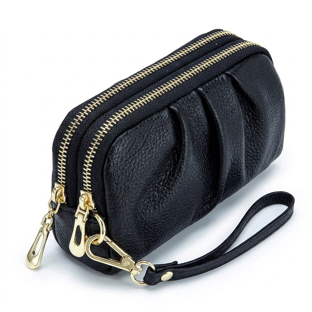 Kaiso Double Zipper Pleated Leather Clutch Bag
