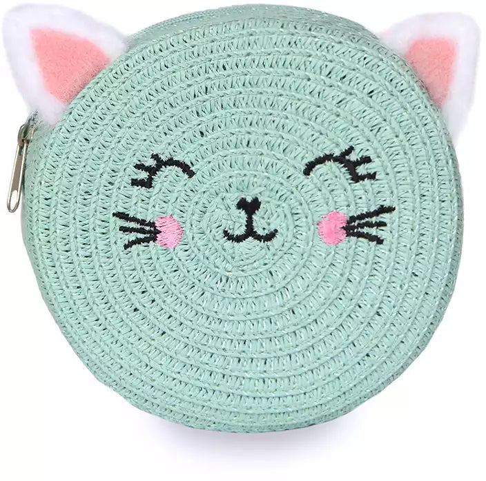Kaiso Cute Cartoon Cat Ear Straw Beach Sun Bag Round Crossbody Sling Purse