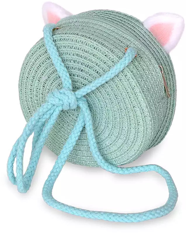 Kaiso Cute Cartoon Cat Ear Straw Beach Sun Bag Round Crossbody Sling Purse