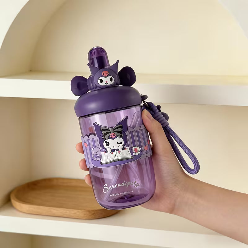 Kaiso Purple Kawaii Character Print Sipper Bottle with Pop-Top Lid & Straw – 600ml