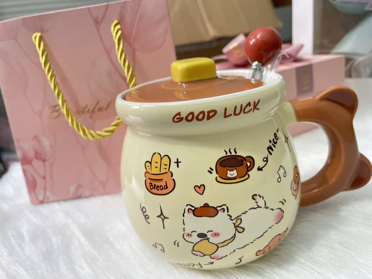 Kaiso Bear Ceramic Coffee Mug with Lid and Spoon