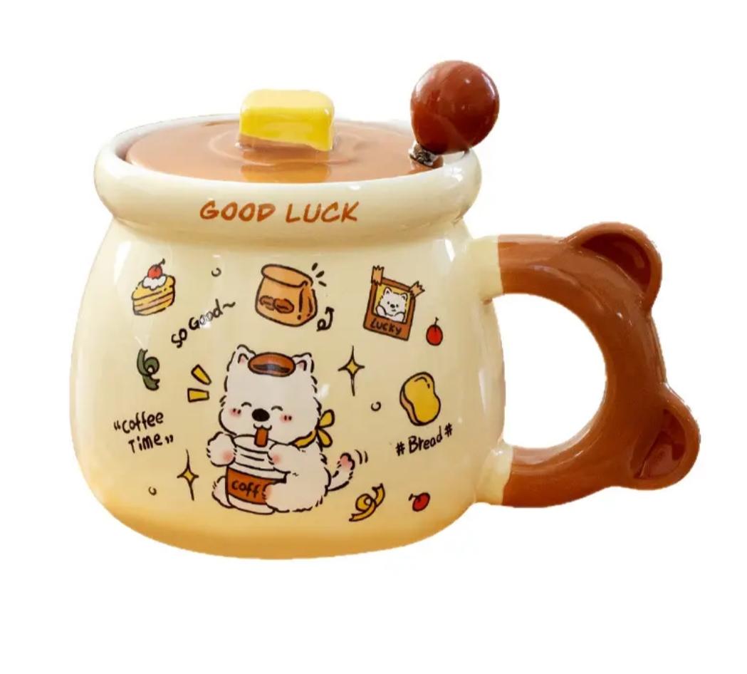 Kaiso Bear Ceramic Coffee Mug with Lid and Spoon