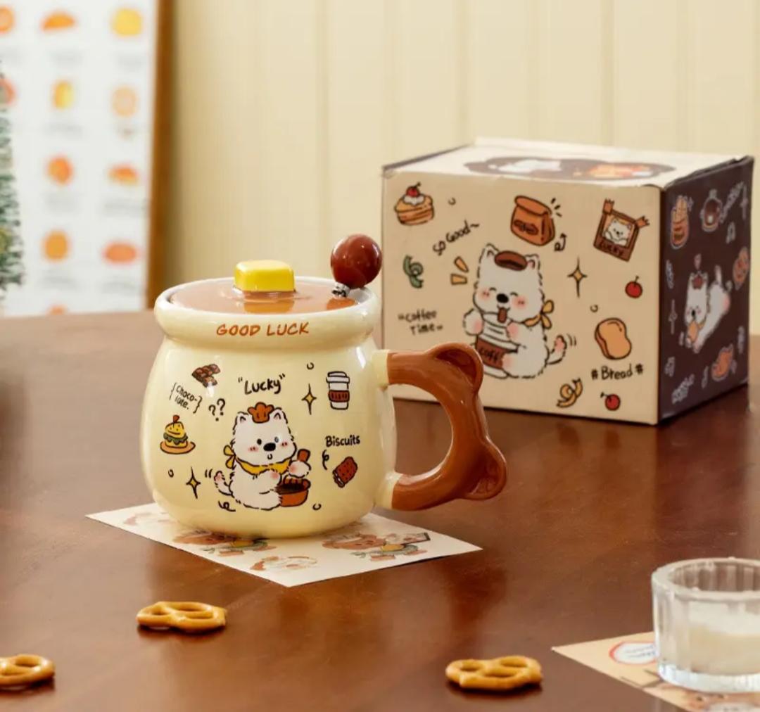 Kaiso Bear Ceramic Coffee Mug with Lid and Spoon