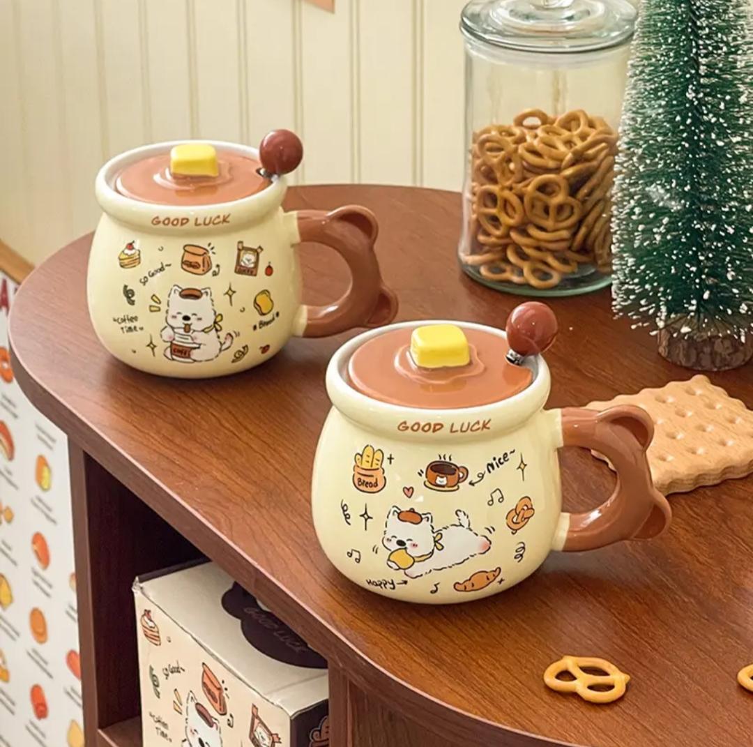 Kaiso Bear Ceramic Coffee Mug with Lid and Spoon