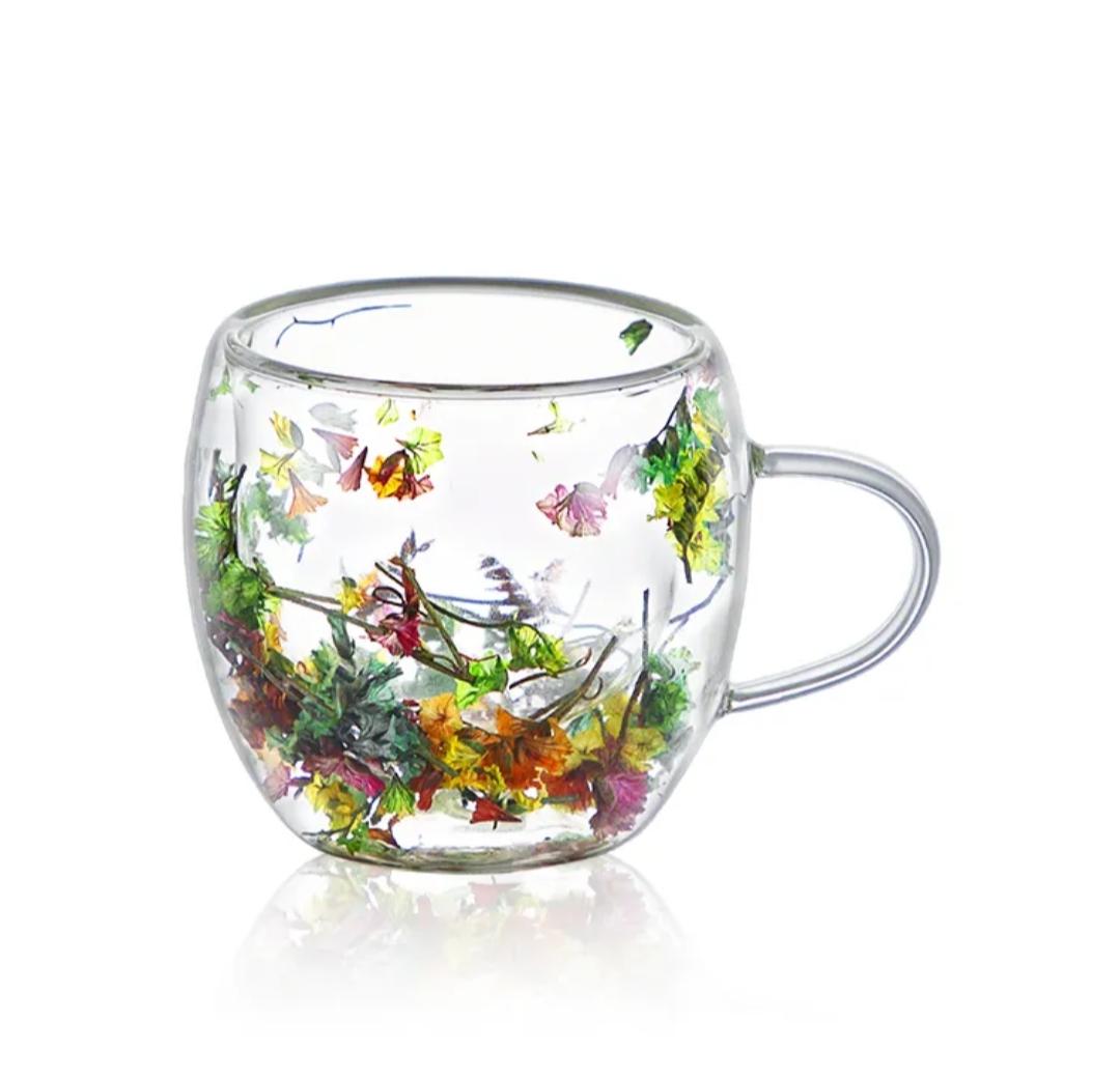 Kaiso Dried Flower Double-Walled Glass Coffee and Tea Mug