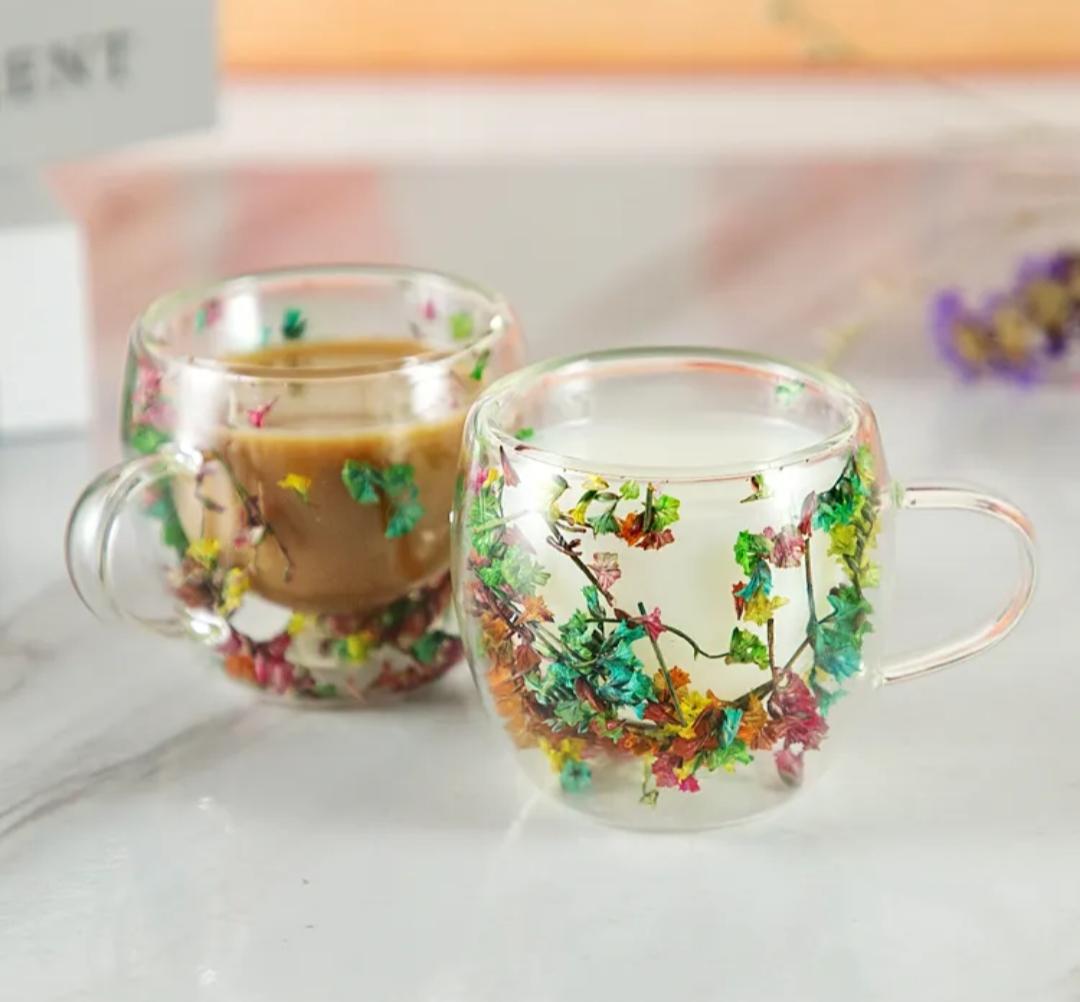 Kaiso Dried Flower Double-Walled Glass Coffee and Tea Mug
