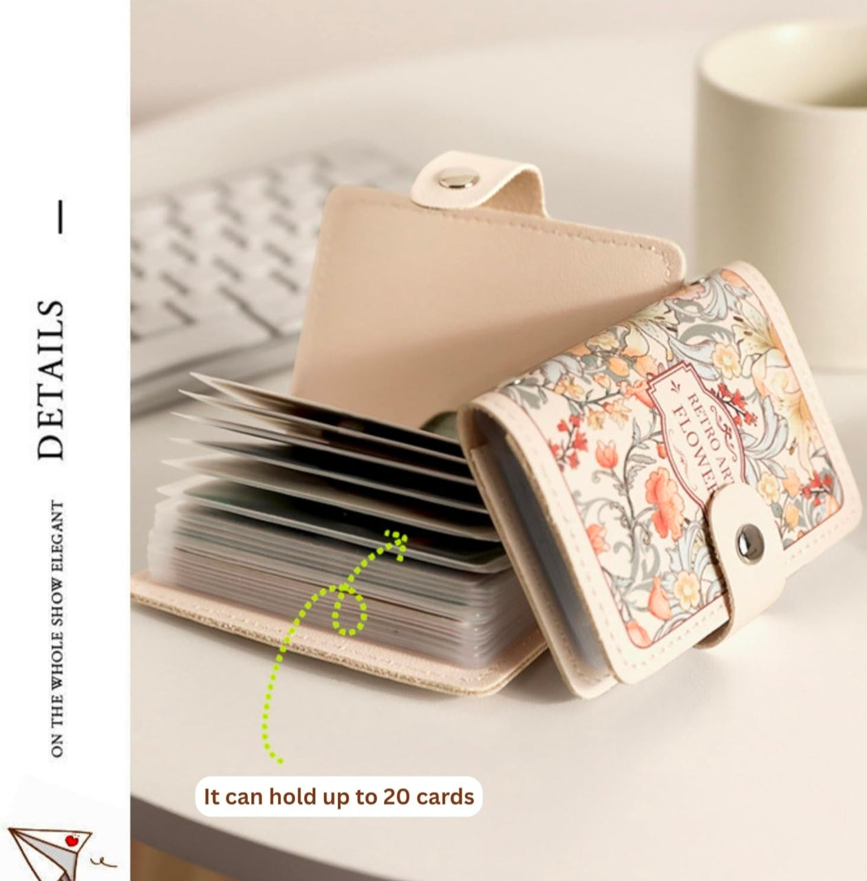 Kaiso Floral Retro Card Holder | 20 Slots Card Organizer Wallet with Button Closure