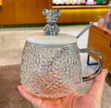Kaiso Elegant Hammered-Texture Glass Bear Mug with Designer Ceramic Lid