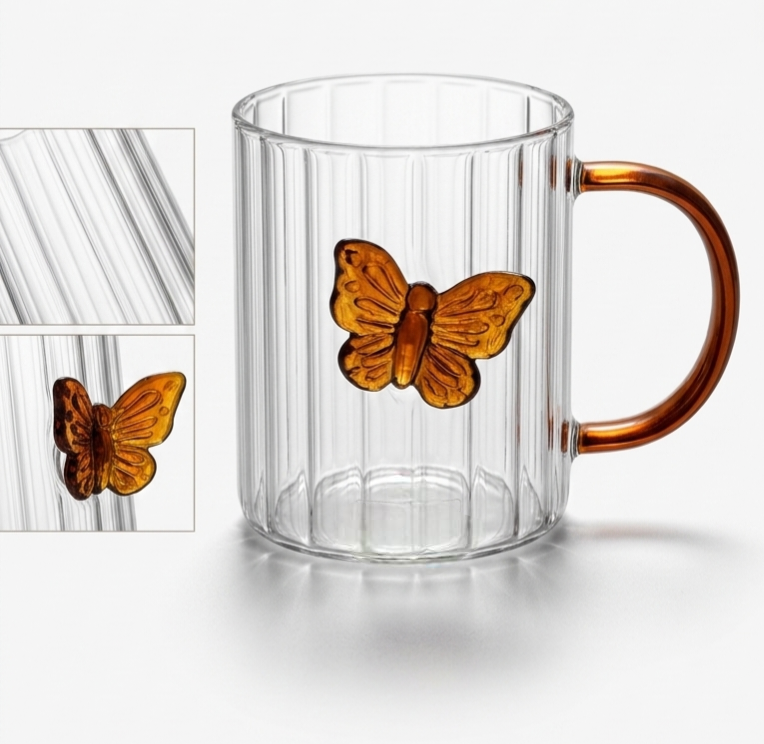 Kaiso Enchanted Butterfly Bloom Ribbed Glass Cup – Elegant Clear Mug for Tea and Coffee