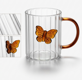 Kaiso Enchanted Butterfly Bloom Ribbed Glass Cup – Elegant Clear Mug for Tea and Coffee
