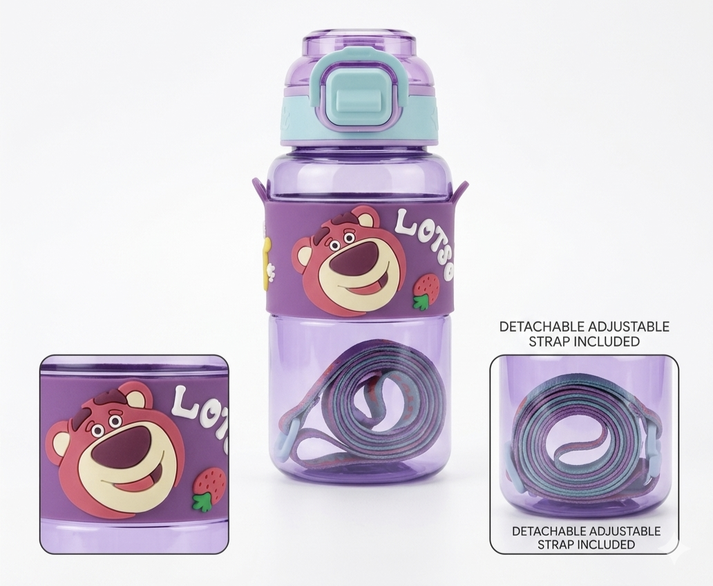 Kaiso Cute Cartoon Sipper Water Bottle with Handle & Shoulder Strap
