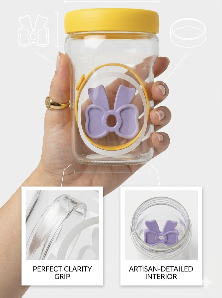 kaiso Cute Aesthetic Glass Bottle with Bow Silicone Grip & Leak-Proof Lid