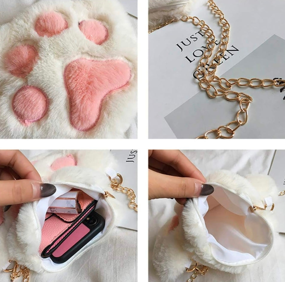 Kaiso Cute Fluffy Cat Paw Plush Sling /Crossbody Bag