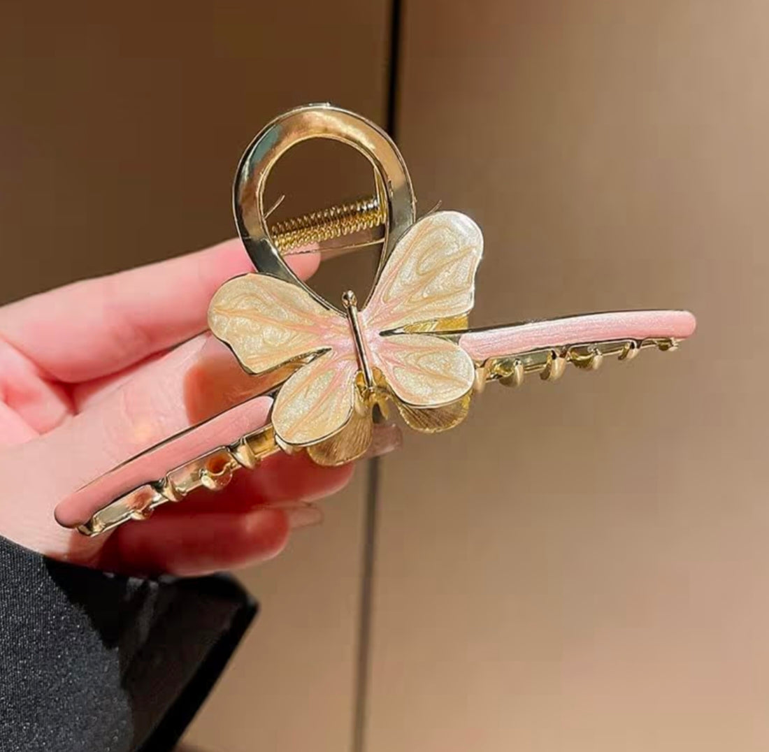 Kaiso Elegant Enamel Butterfly Metal Hair Claw - Pink & Gold