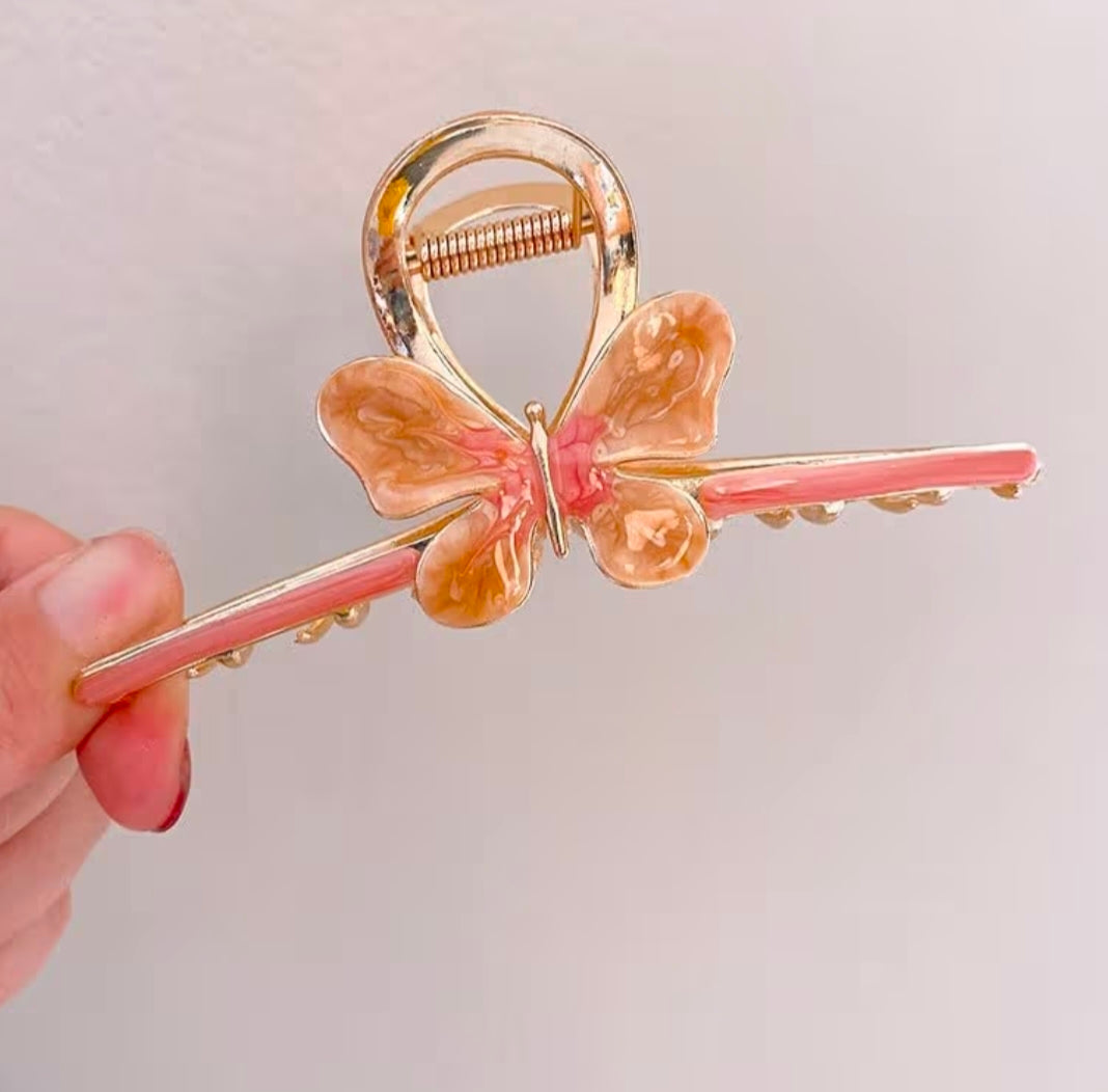 Kaiso Elegant Enamel Butterfly Metal Hair Claw - Pink & Gold