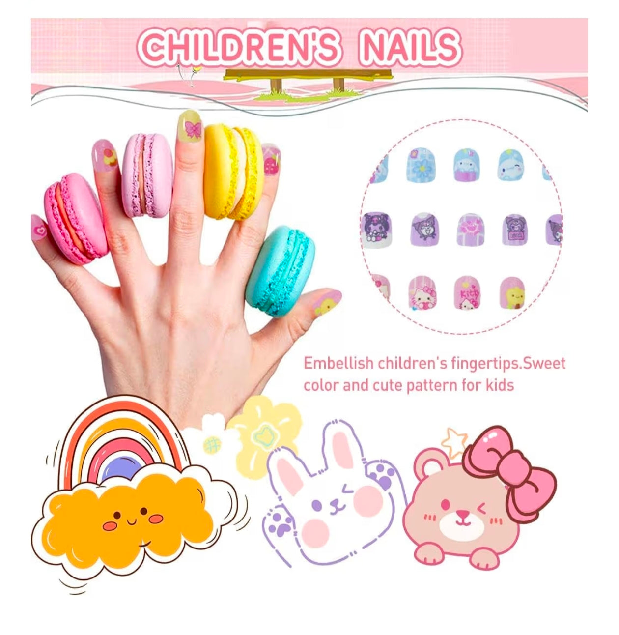 Kaiso 12 Pcs Kids Press-On Nails – Pre-Glued Reusable Cartoon Bunny Designs, Pink & Blue Artificial Nail Kit for Girls