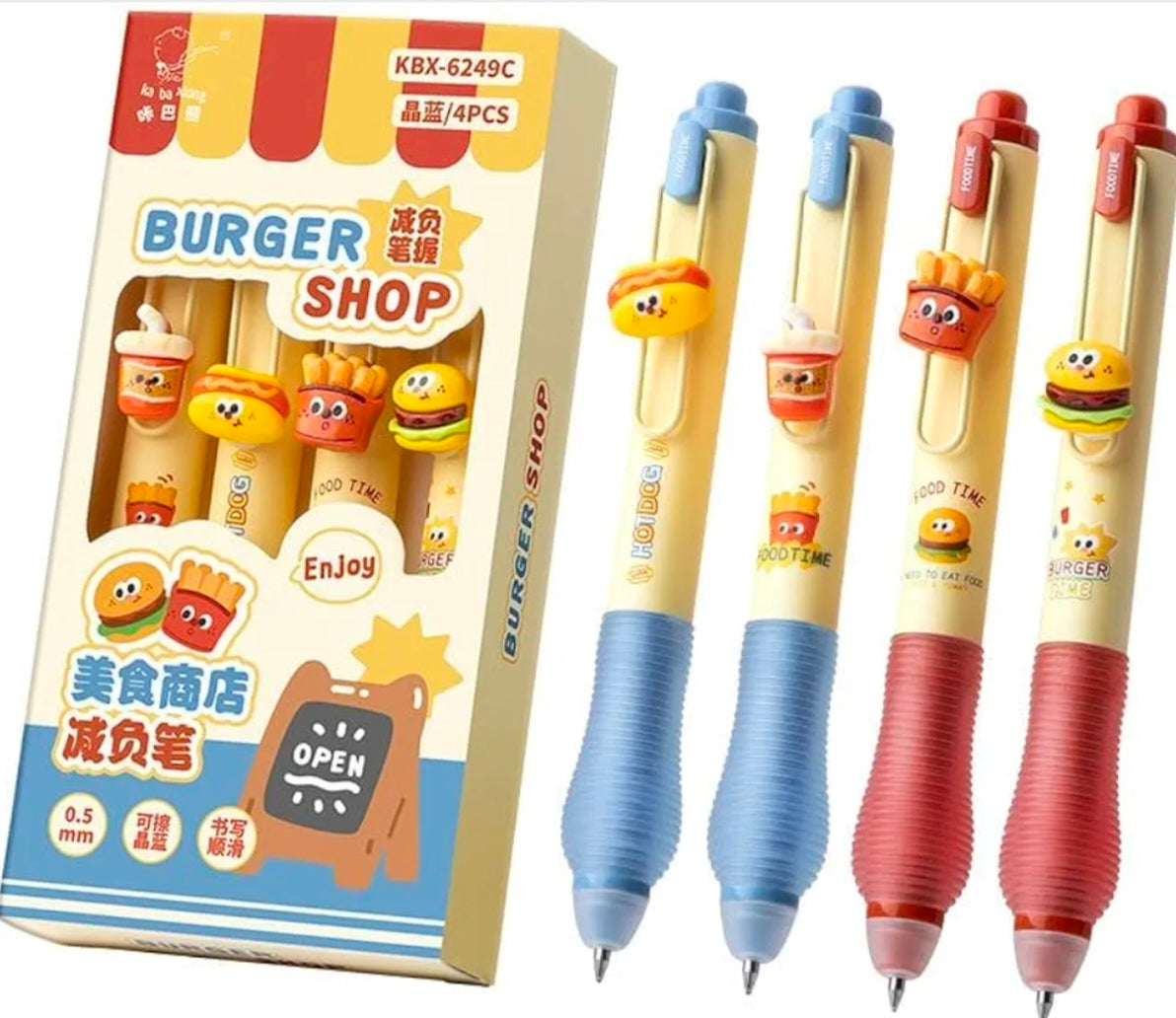 Kaiso Burger Shop Erasable Gel Pen Set – 4 Pcs [0.5mm Blue Ink]