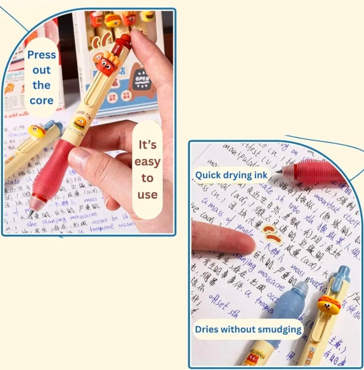 Kaiso Burger Shop Erasable Gel Pen Set – 4 Pcs [0.5mm Blue Ink]