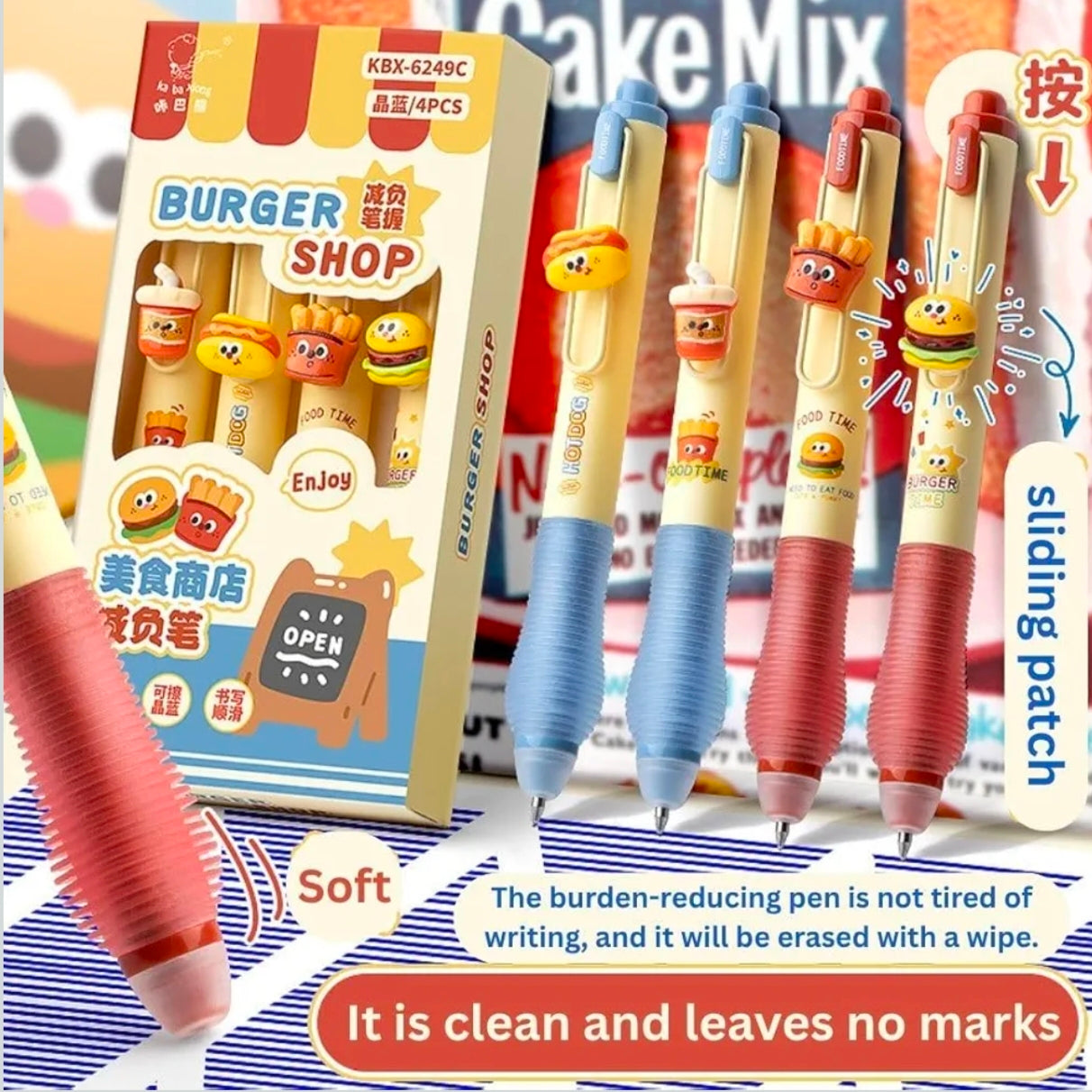 Kaiso Burger Shop Erasable Gel Pen Set – 4 Pcs [0.5mm Blue Ink]