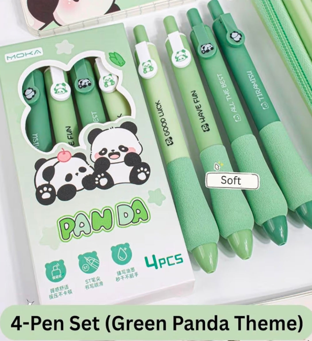 Kaiso Cute Panda Gel Pen Set - 4 Pcs | 0.5mm Black Ink | Smooth Writing & Soft Grip