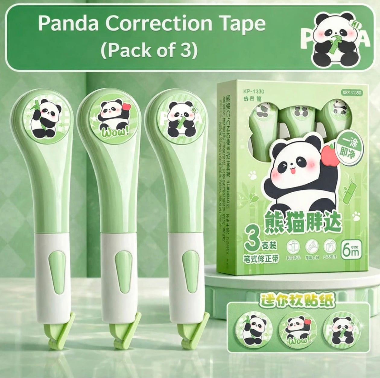Kaiso Cute Panda Pen-Style Correction Tape Set - Pack of 3 (6m x 5mm) | Instant Dry & Smooth Glide