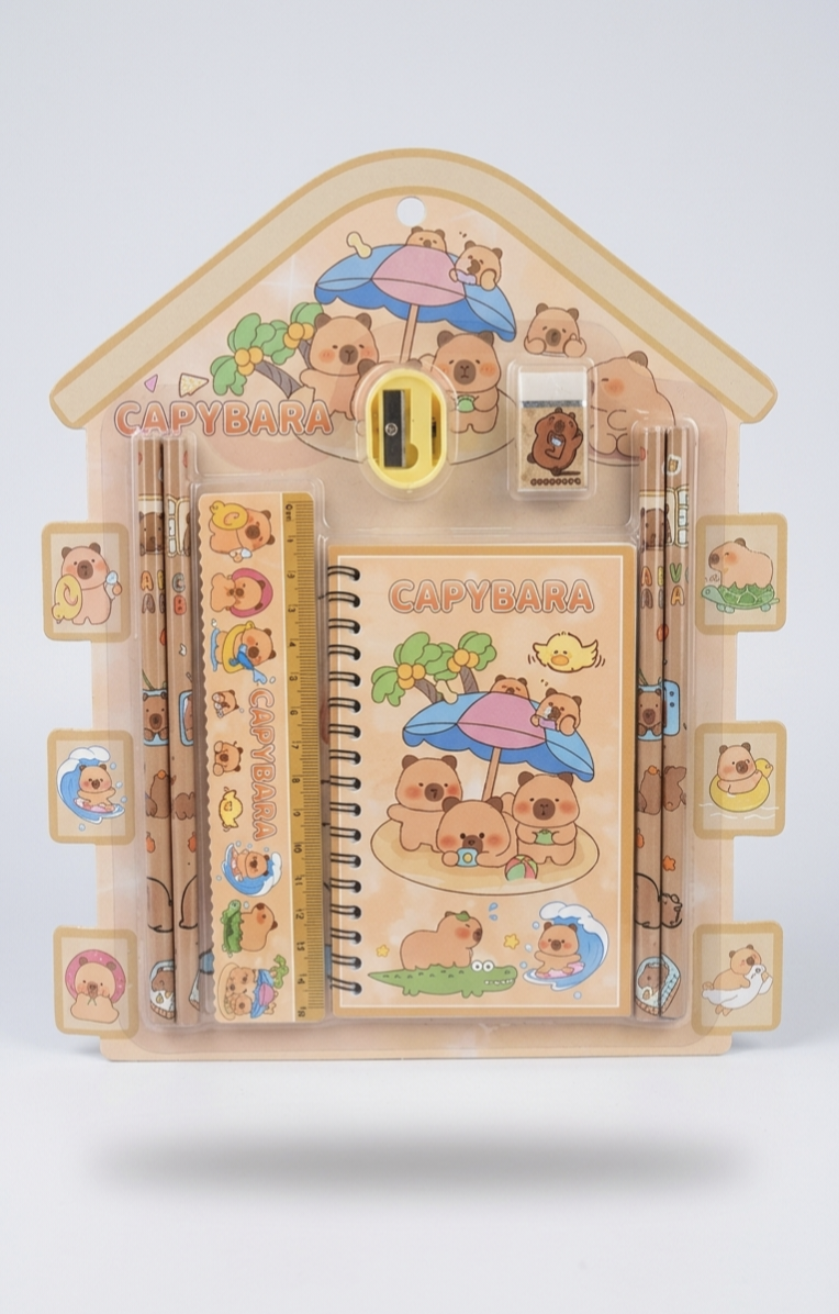Kaiso Cute Capybara School Supplies Set - Includes Notebook, Pencils, Ruler, Eraser, and Sharpener