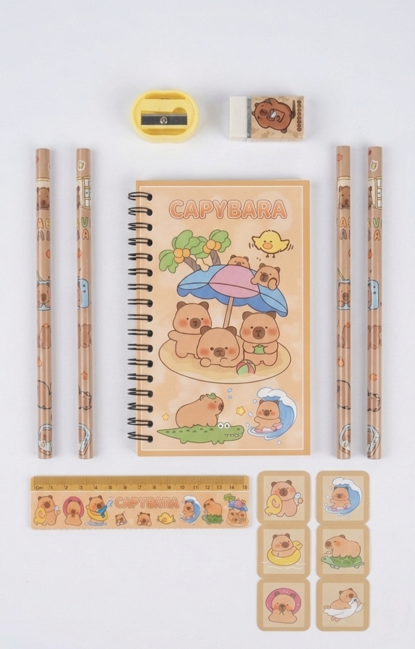 Kaiso Cute Capybara School Supplies Set - Includes Notebook, Pencils, Ruler, Eraser, and Sharpener