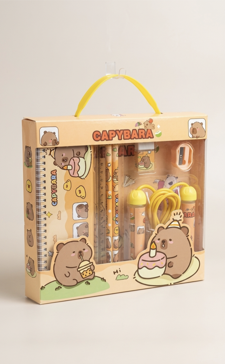 Kaiso 7-in-1 Capybara Stationery Gift Set for Kids – Includes Pencil Case, Ruler, Eraser, Sharpener, and Jump Rope