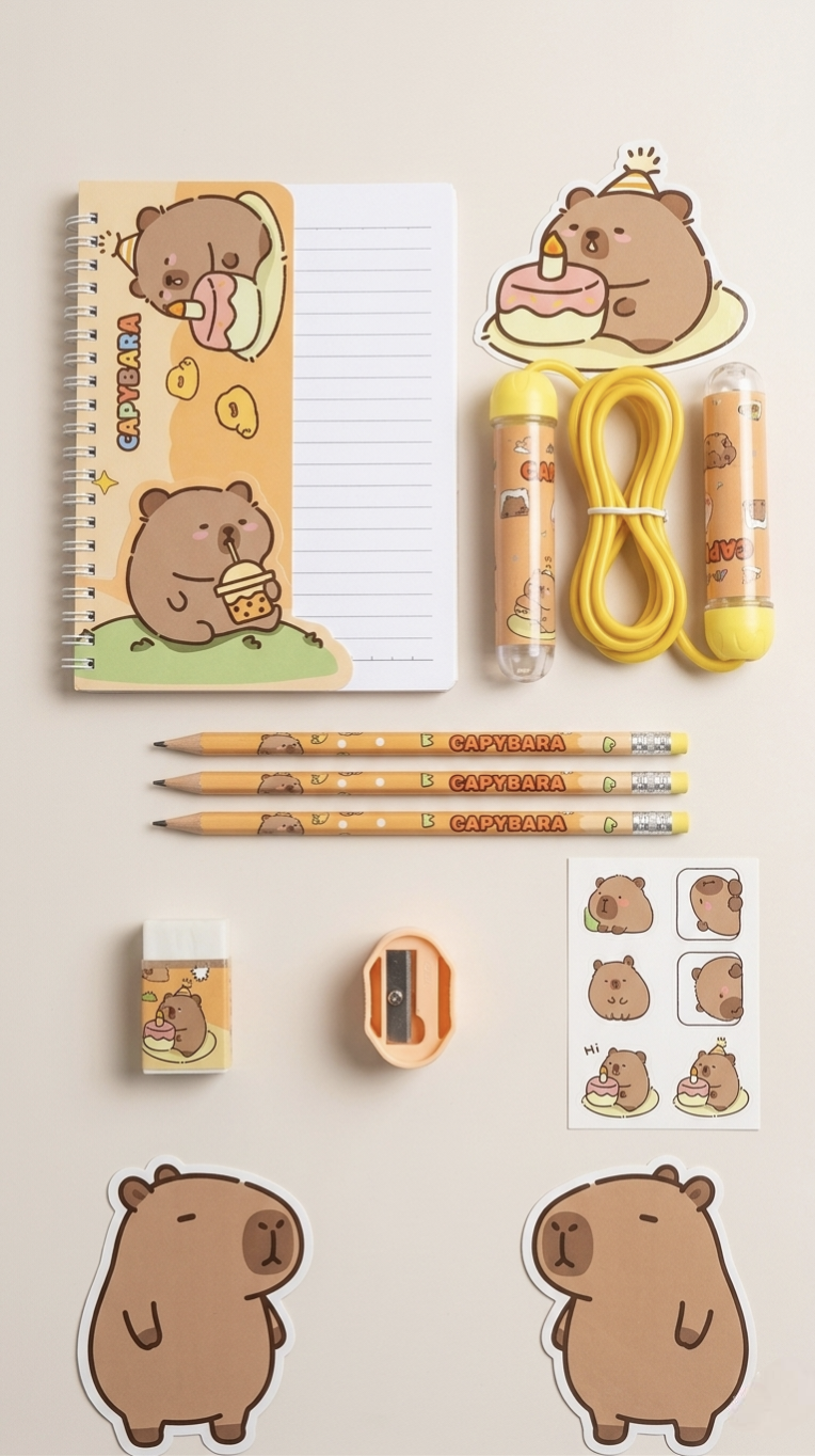 Kaiso 7-in-1 Capybara Stationery Gift Set for Kids – Includes Pencil Case, Ruler, Eraser, Sharpener, and Jump Rope