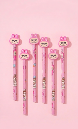 Kaiso Labubu Themed Premium Stationery Gift Set – Pink 5-Piece Pencil Pack with 3D Character Toppers