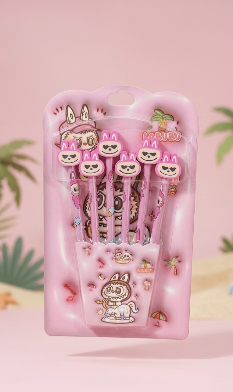 Kaiso Labubu Themed Premium Stationery Gift Set – Pink 5-Piece Pencil Pack with 3D Character Toppers