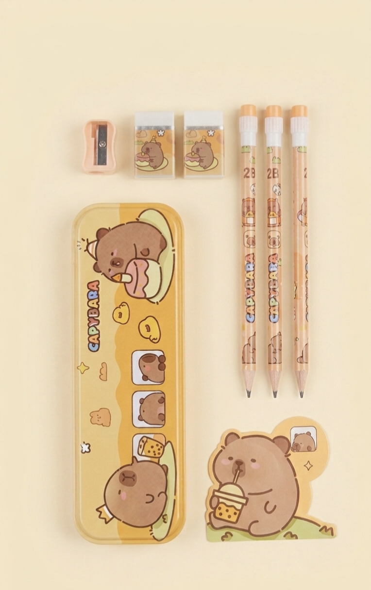 Kaiso Capybara Stationery Gift Set – Cute Cartoon School Supply Kit with Pencil Box, Pencils, Eraser & Sharpener