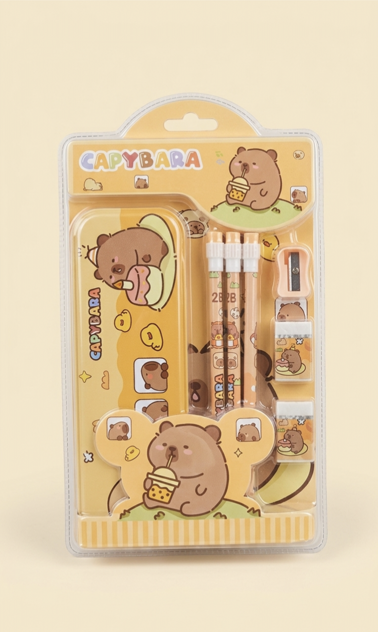Kaiso Capybara Stationery Gift Set – Cute Cartoon School Supply Kit with Pencil Box, Pencils, Eraser & Sharpener