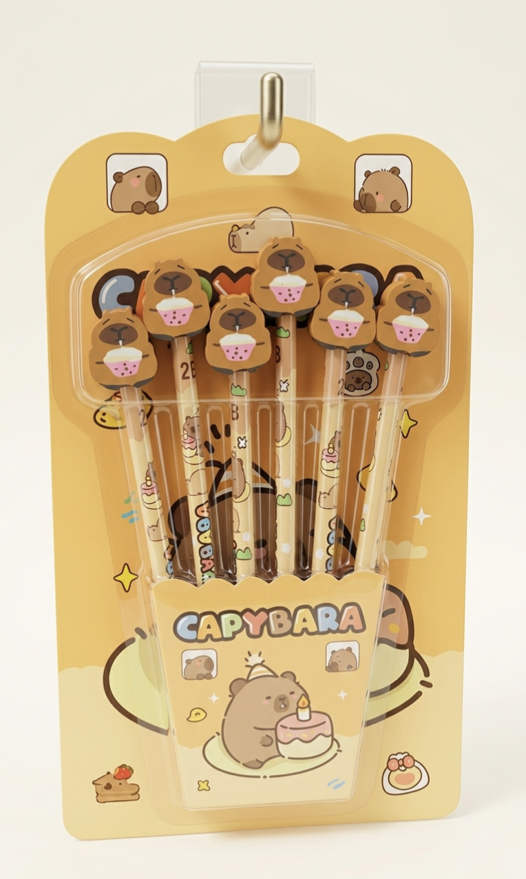 Kaiso Adorable Capybara Cartoon Writing Set - Pack of 6 with 3D Character Toppers