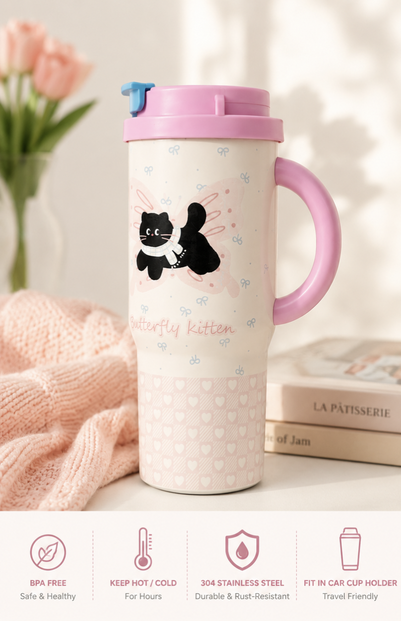 Kaiso Butterfly & Kitten Print Stainless Steel Insulated Tumbler with Straw – 1200ml