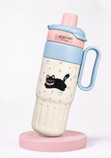 Kaiso Black Cat Cartoon Print Insulated Stainless Steel Tumbler with Handle & Straw – 800ml