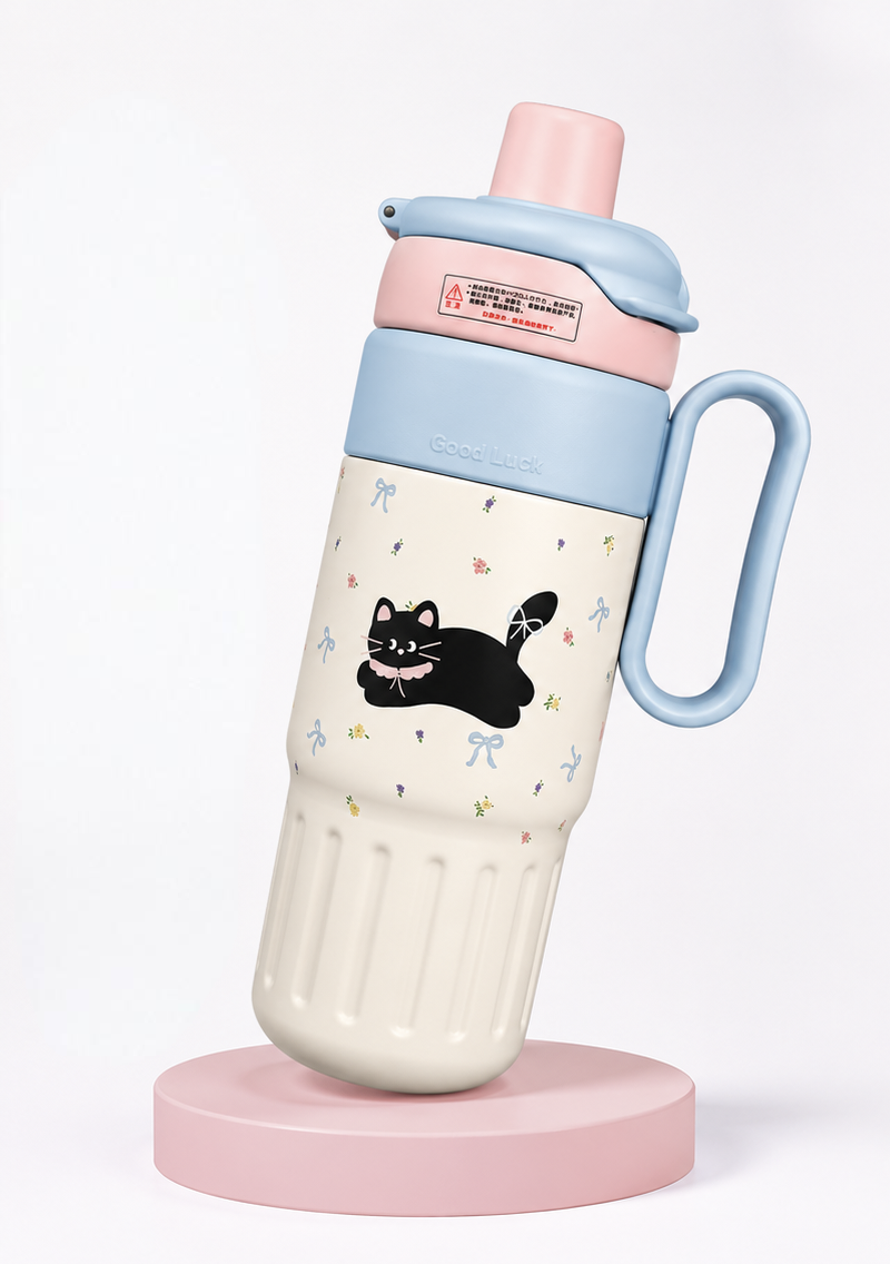 Kaiso Black Cat Cartoon Print Insulated Stainless Steel Tumbler with Handle & Straw – 800ml