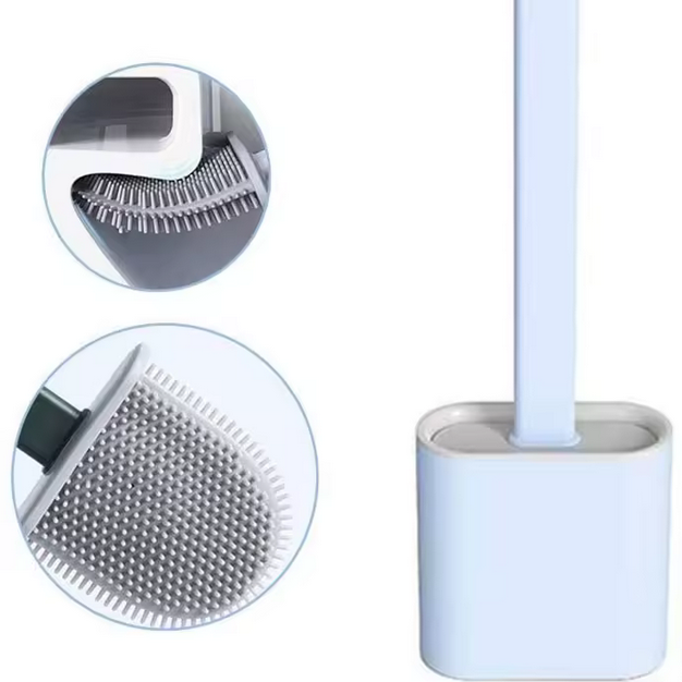 Kaiso Flat Soft Silicone Toilet Brush With Holder Set (White)