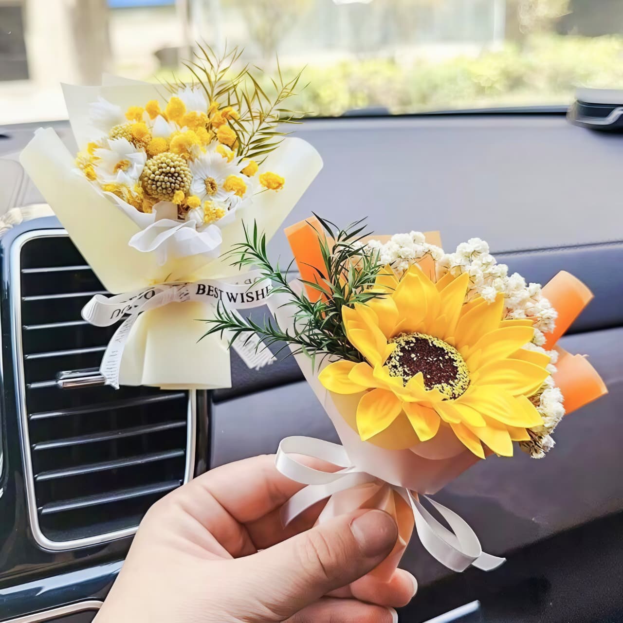 Kaiso Small Handheld Flower Bouquet with Ribbon For Car Interior Decor