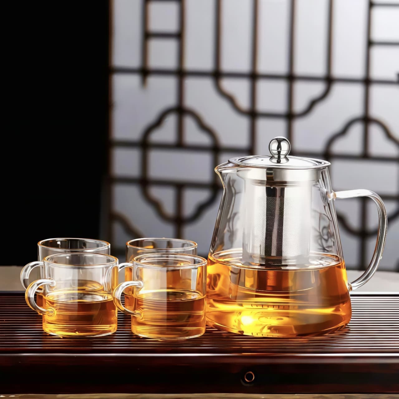 Kaiso Borosilicate Glass Teapot Set with Stainless Steel Infuser and 4 Glass Cups