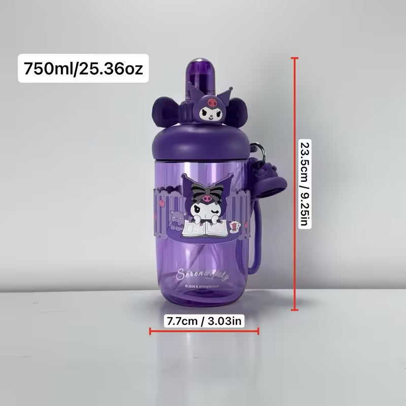 Kaiso Purple Kawaii Character Print Sipper Bottle with Pop-Top Lid & Straw – 600ml