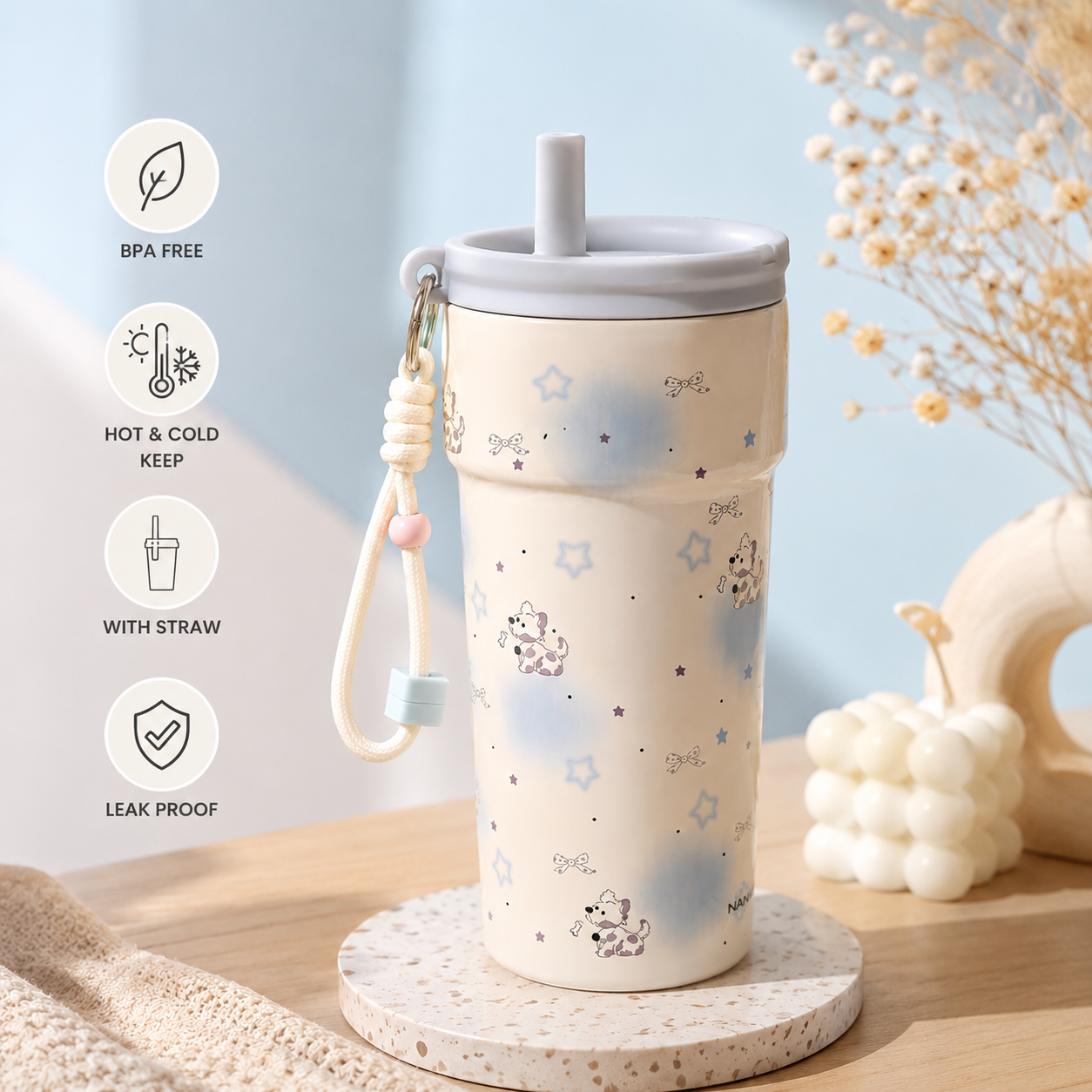 Kaiso Insulated Stainless Steel Tumbler with Straw & Carry Strap – 500ml