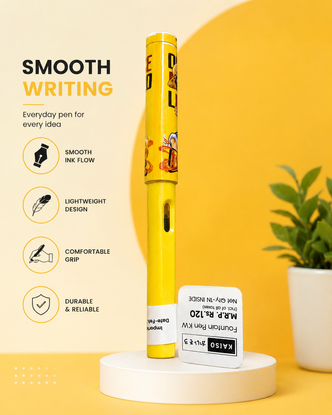 Kaiso Yellow Cartoon Print Premium Fountain Pen with Metal Clip – Smooth Ink Writing Pen