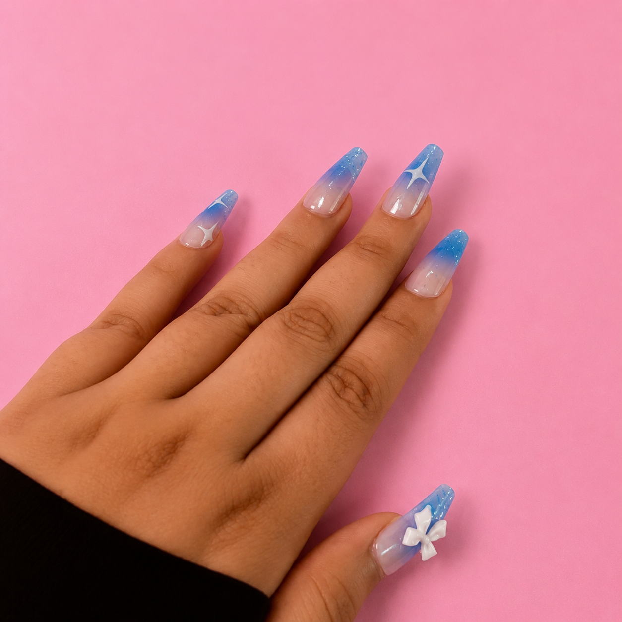 Kaiso 12Pcs Blue Aura Ombre Press-On Nails with 3D Holographic Bow & Silver Star Accents