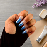 Kaiso 12Pcs Blue Aura Ombre Press-On Nails with 3D Holographic Bow & Silver Star Accents