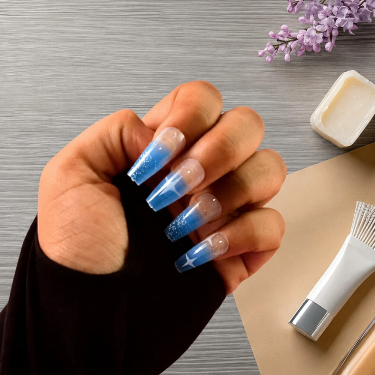 Kaiso 12Pcs Blue Aura Ombre Press-On Nails with 3D Holographic Bow & Silver Star Accents