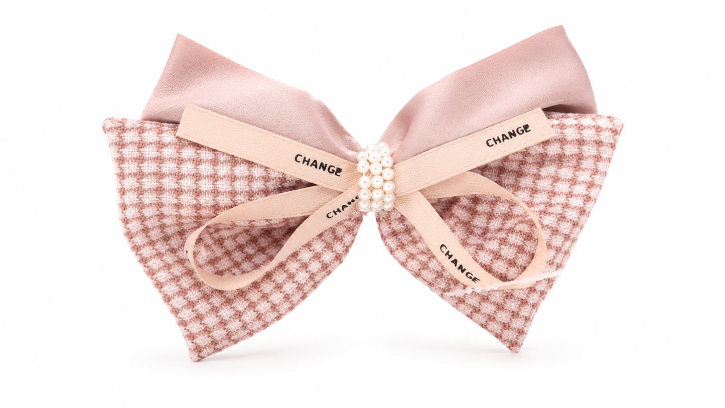 Kaiso Tweed and Satin Layered Bow Hair Clip with Pearl Accents